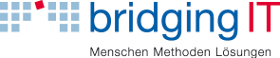 Logo of 'bridging IT' featuring blue and red text, with a tagline below indicating it as a Microsoft Gold Partner.