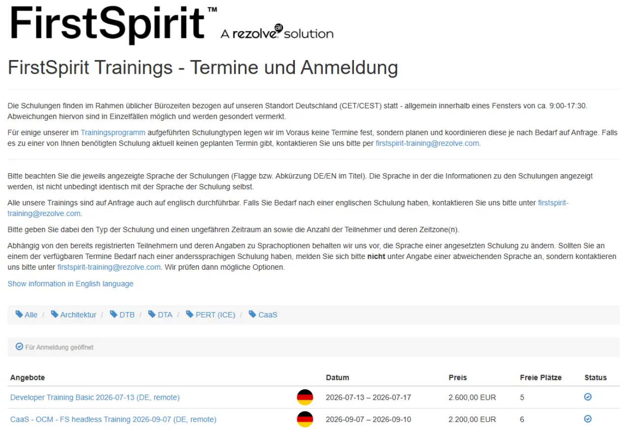A webpage listing FirstSpirit training sessions with details on dates, prices, and availability for registration in German and English.