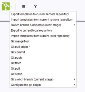 A dropdown menu featuring Git options: export/import templates, switch branches, and various Git commands like mergeTool, commit, and push.