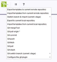 A dropdown menu featuring Git options: export/import templates, switch branches, and various Git commands like mergeTool, commit, and push.