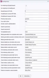 Configuration settings for indexing in Elasticsearch and SmartSearch, including API URLs and scheduling options.