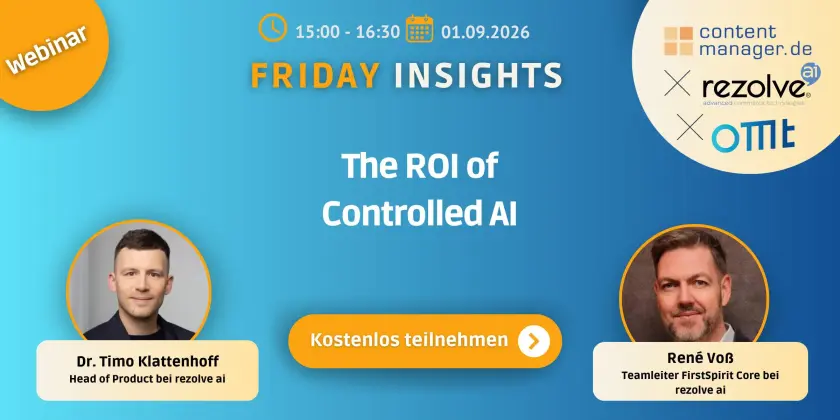 Webinar-Ankündigung mit dem Titel 'Der ROI von kontrollierter KI', mit den Referenten Dr. Timo Klattenhoff und René Voß, geplant für den 1. September 2026.