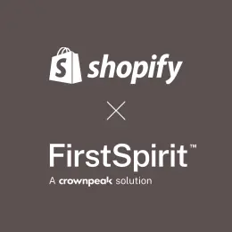 Logos of Shopify and FirstSpirit on a dark background, indicating a partnership or integration between the two platforms.