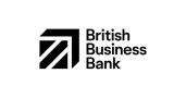 Logo of British Business Bank featuring a geometric design with a stylized arrow and bold text.