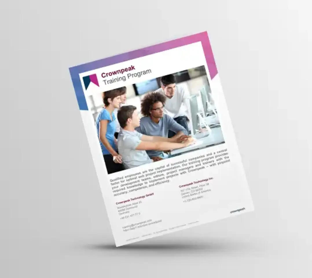A training program flyer featuring a diverse group of people collaborating at computers, with details about Crownpeak's offerings.