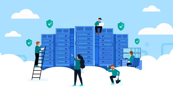 A group of people interact with server racks in a cloud environment, performing tasks like monitoring and maintenance.