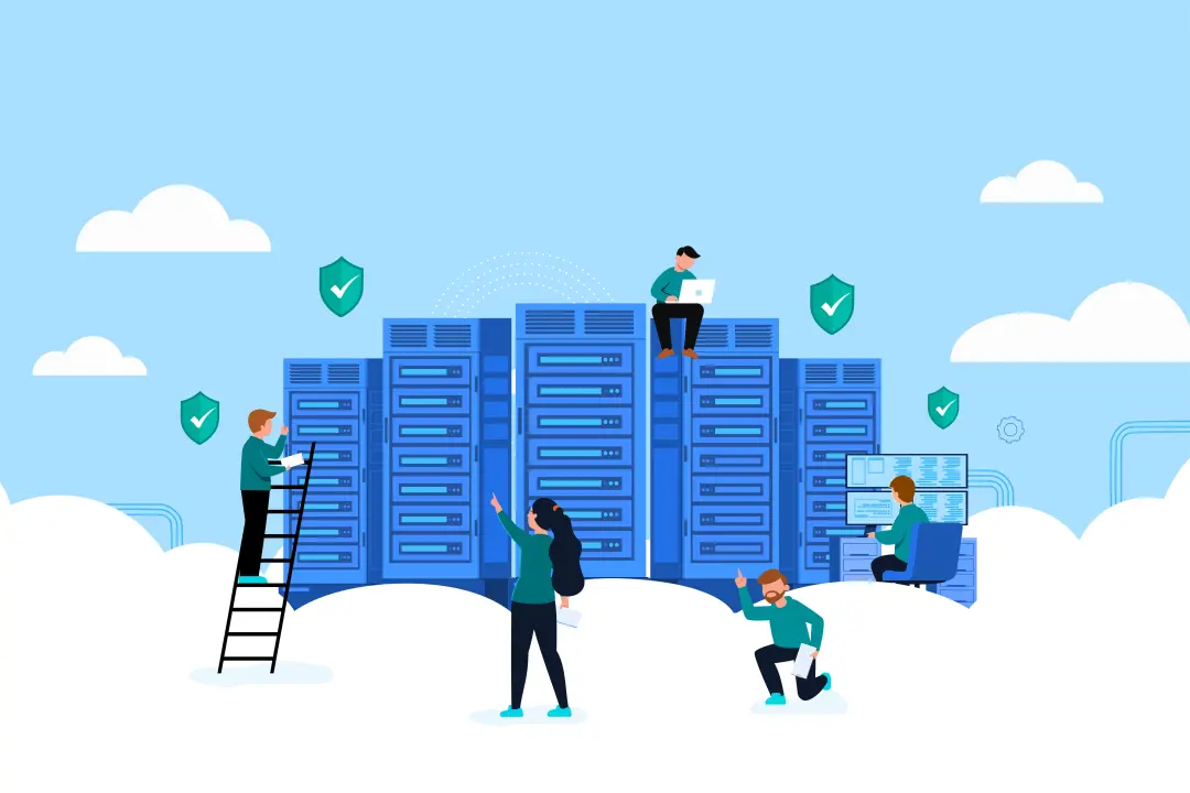 A group of people interact with server racks in a cloud environment, performing tasks like monitoring and maintenance.