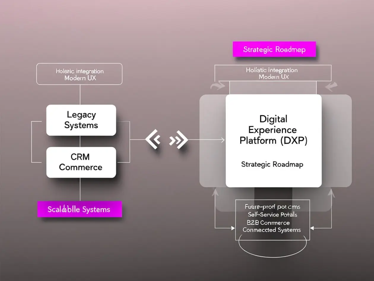 Diagram illustrating the integration of legacy systems and CRM commerce into a Digital Experience Platform (DXP) with a strategic roadmap.