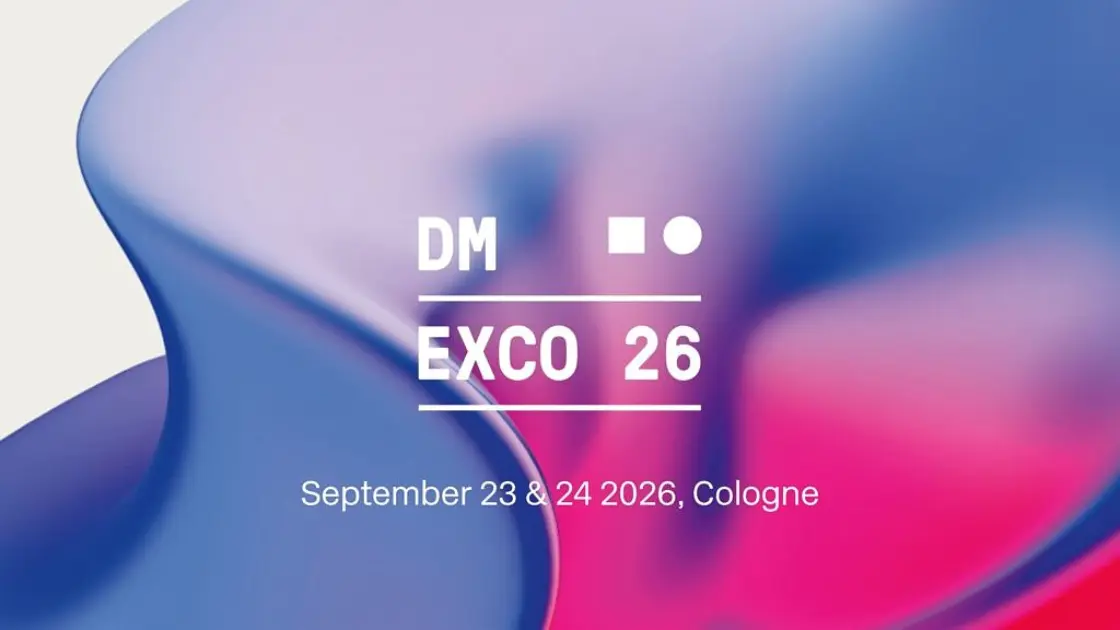Colorful abstract design featuring 'DM EXCO 26,' with event dates September 23 & 24, 2026, in Cologne.