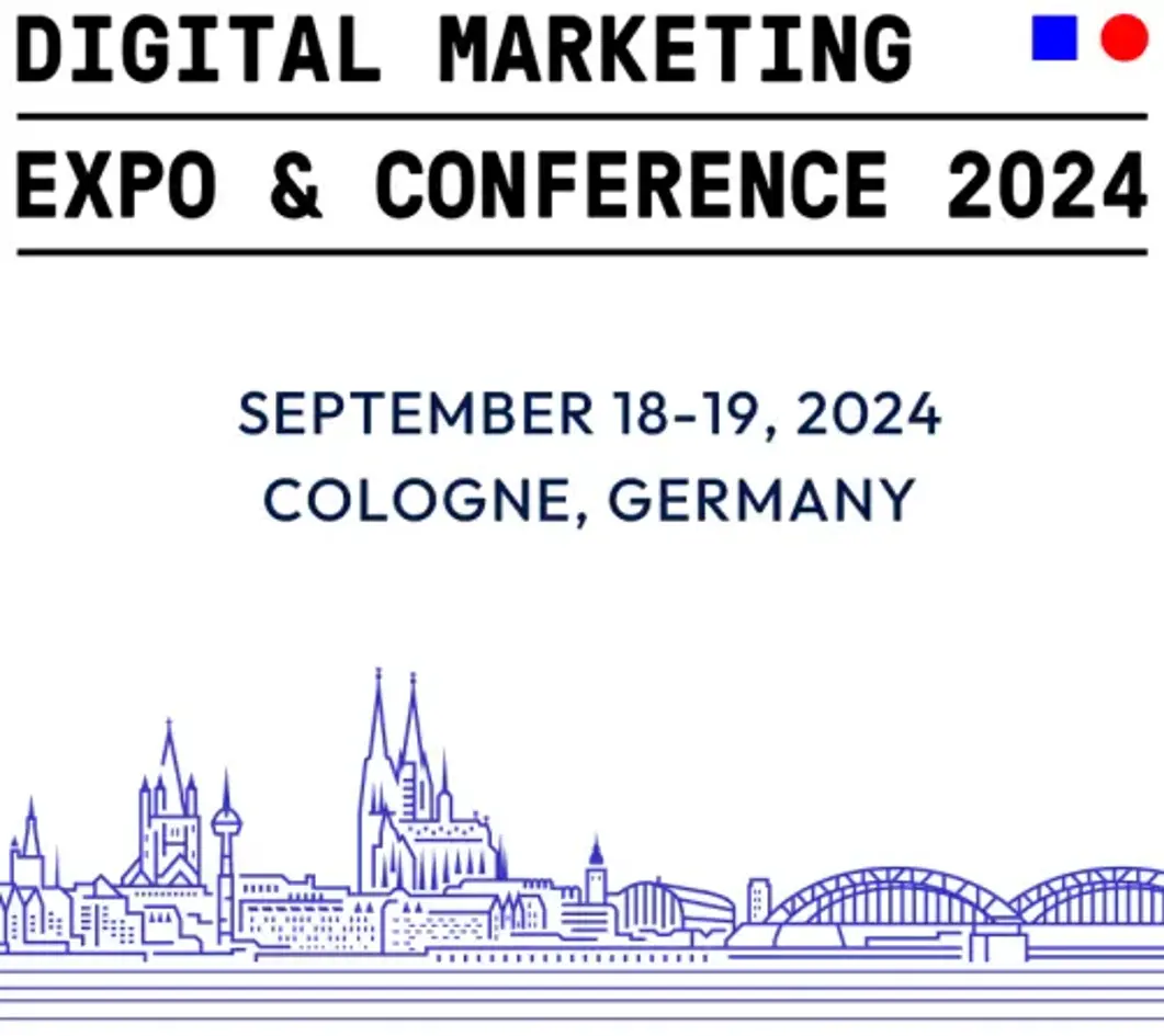 Digital Marketing Expo & Conference 2024, September 18-19, in Cologne, Germany, featuring a skyline illustration.