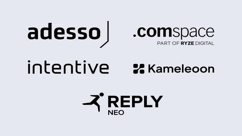 Logos of five companies: adesso, intentive, .comspace (part of RYZE Digital), Kameleoon, and REPLY NEO, displayed on a light background.