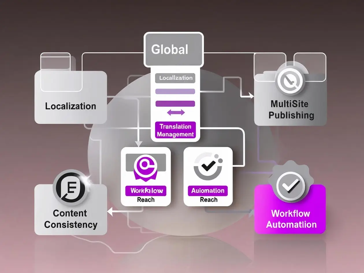 A flowchart illustrating global localization, translation management, workflow reach, content consistency, and workflow automation.