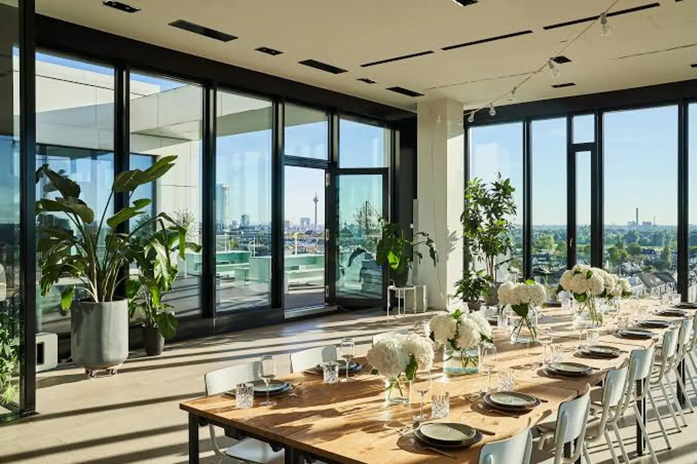 Sunlit glass-walled dining room with a long set table, white floral centerpieces, potted plants, and city skyline views.