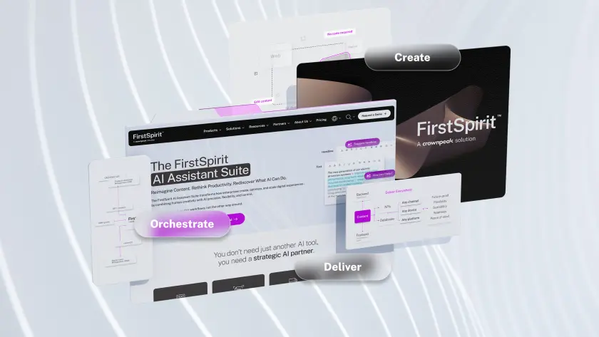 A digital display featuring the FirstSpirit AI Assistant Suite with options to 'Create,' 'Orchestrate,' and 'Deliver' highlighted.