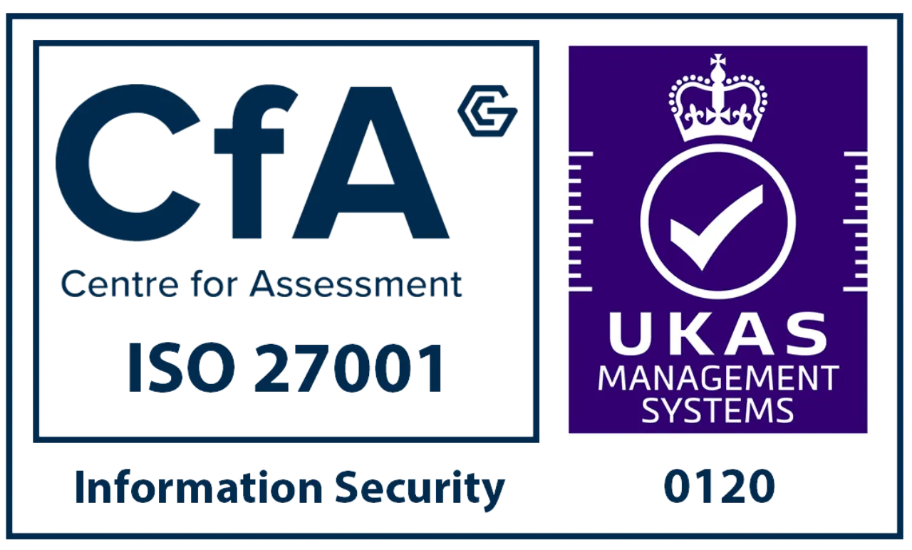 Logo display for Centre for Assessment (CfA) with ISO 27001 certification and UKAS Management Systems emblem, emphasizing information security.