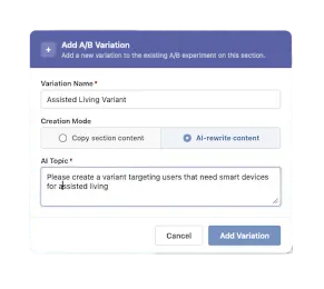 A user interface for creating an A/B variation titled 'Assisted Living Variant,' with options for content modes and a descriptive text box.