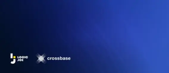 A gradient blue background featuring the logos of Logic Jot and Crossbase on the left and right sides, respectively.