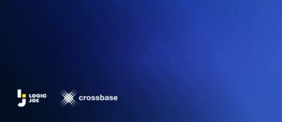 A gradient blue background featuring the logos of Logic Jot and Crossbase on the left and right sides, respectively.