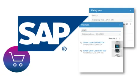 SAP logo with a shopping cart icon, displaying a product search interface for smart locks, listing two products.
