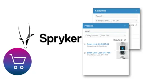 Spryker logo with a shopping cart icon, displaying a product search for smart locks and their details in a dropdown menu.
