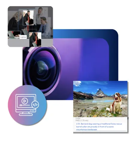 A laptop screen displays a video call with multiple participants, alongside a close-up of a camera lens and an image of a St. Bernard dog in a mountain landscape.