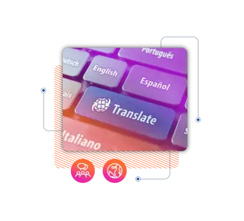 A close-up of a keyboard featuring a prominent 'Translate' key, surrounded by language options like English, Español, and Italiano.