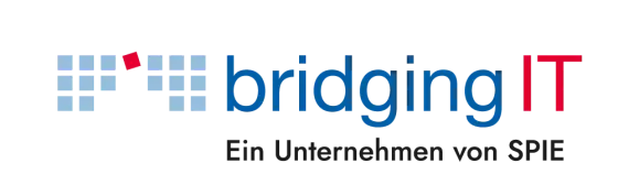Logo of bridging IT, featuring blue and red text, with the tagline 'Ein Unternehmen von SPIE' below it.