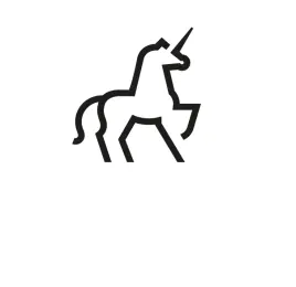 A minimalist black outline of a unicorn, featuring a prominent horn and a flowing mane, depicted in a standing position.