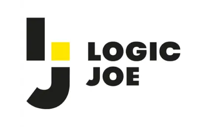 A logo featuring the text 'LOGIC JOE' in bold black letters, with a yellow square and stylized black shapes.