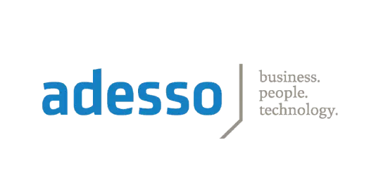 Logo of adesso featuring the word 'adesso' in blue, accompanied by the tagline 'business. people. technology.' in gray.