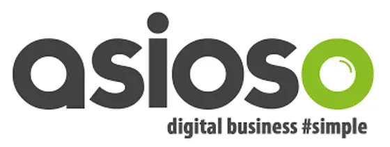 Logo featuring the word 'asioso' with a green circle, accompanied by the tagline 'digital business #simple.'