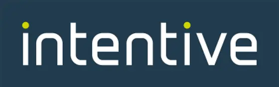 Logo of 'intentive' featuring white text on a dark blue background, with two green dots above the 'i.'