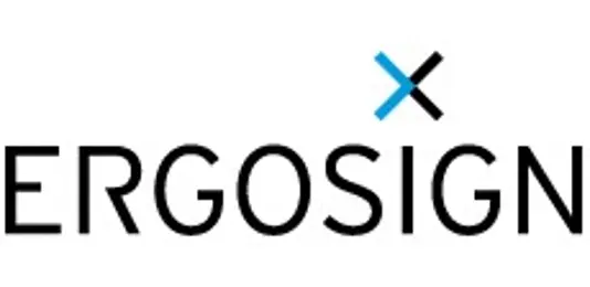 Logo featuring the word 'ERGOSIGN' in bold black letters, with a blue 'X' integrated into the design.