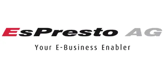 Logo of EsPresto AG with the tagline 'Your E-Business Enabler,' featuring bold red and black text on a white background.