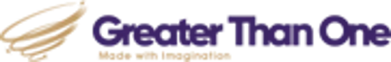 Logo of 'Greater Than One,' featuring a stylized swirl and the company name in purple and gold.