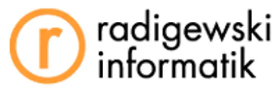 Logo featuring the letter 'r' in orange, accompanied by the text 'radigewski informatik' in black.