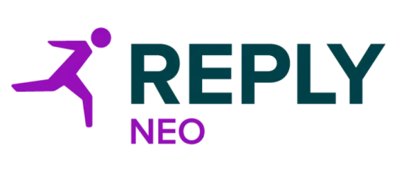 A logo featuring a stylized running figure in purple, with the text 'REPLY NEO' in green and purple.