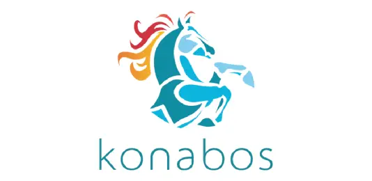 A stylized blue horse head with colorful mane above the word 'konabos' in lowercase letters.