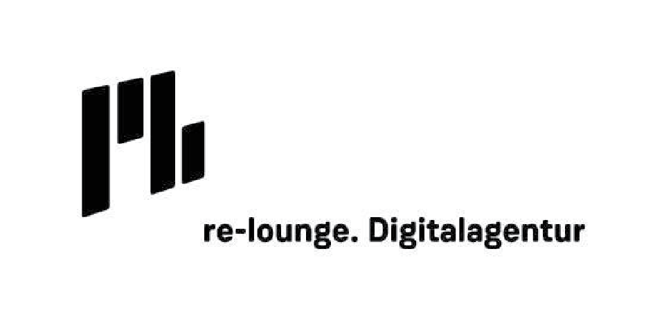 A logo featuring stylized black bars on the left and the text 're-lounge. Digitalagentur' in bold black font on the right.