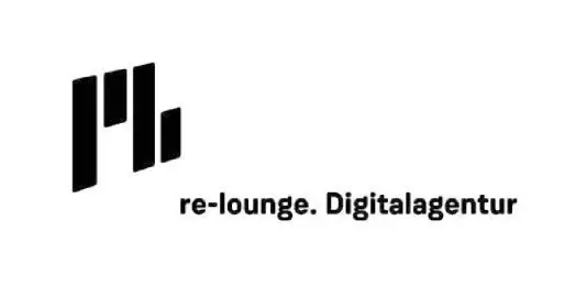 A logo featuring stylized black bars on the left and the text 're-lounge. Digitalagentur' in bold black font on the right.