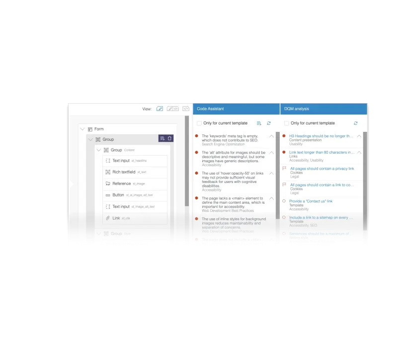 A user interface displaying a form structure on the left and code analysis suggestions on the right, focusing on accessibility and SEO.