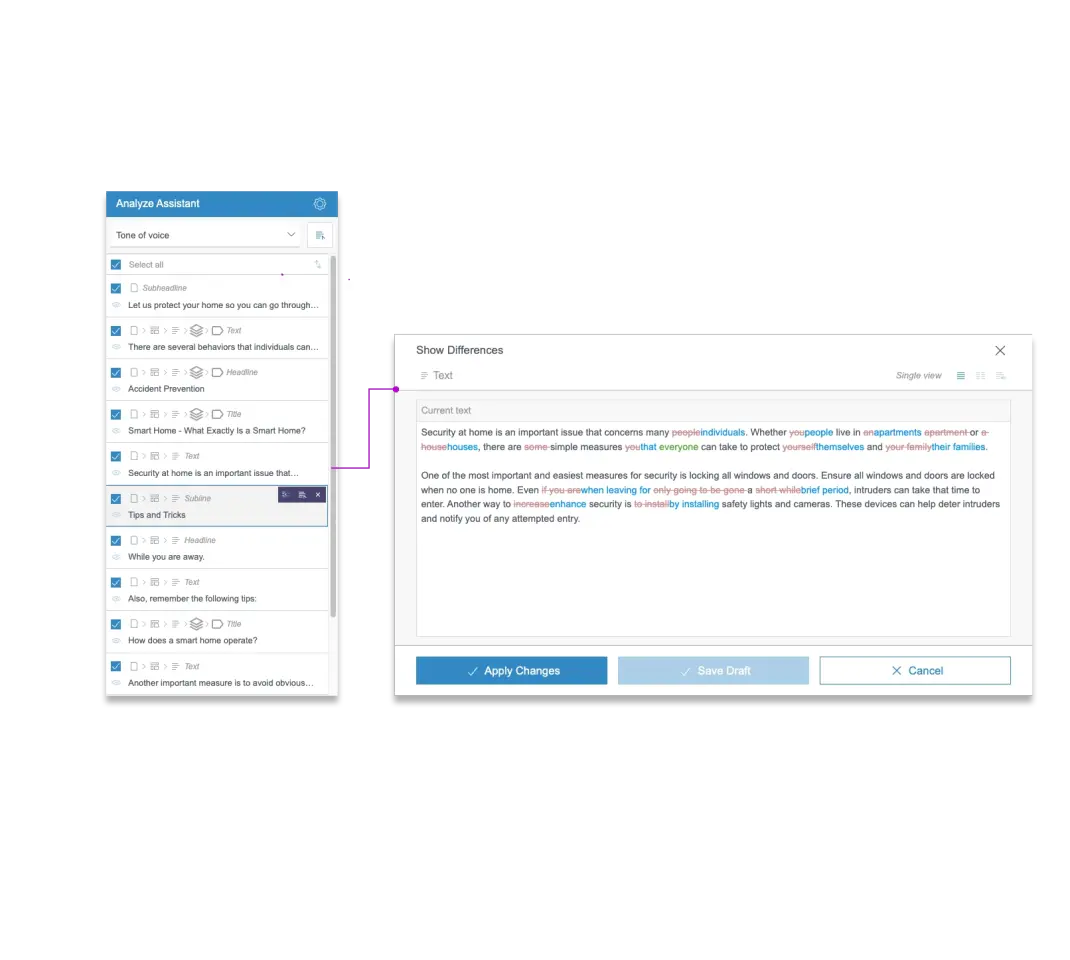 A user interface displays text analysis tools, focusing on home security tips and editing options for content adjustments.