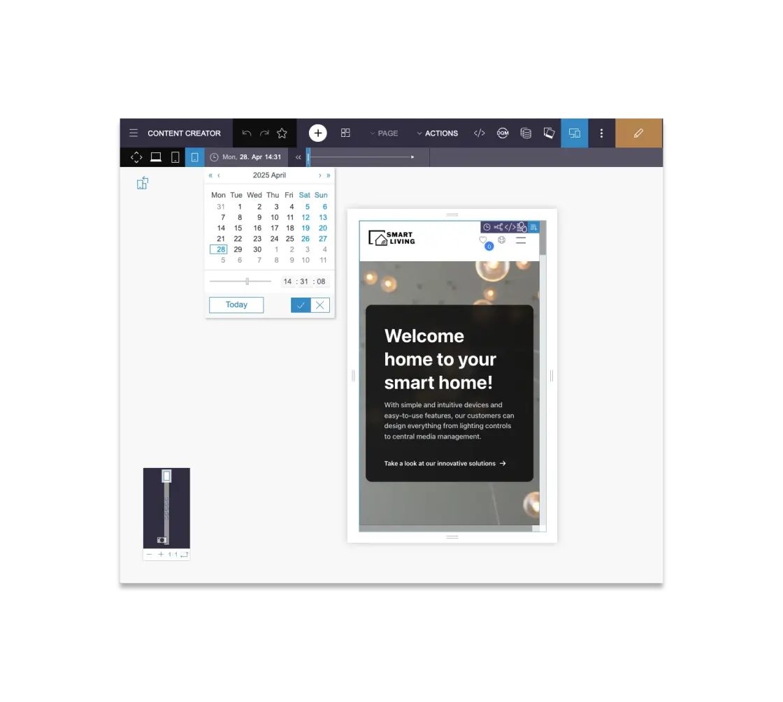 A digital design interface displays a welcome message for a smart home service, featuring a calendar and design tools.