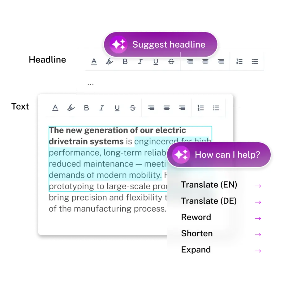 Text editing interface displaying a highlighted paragraph about electric drivetrain systems, with options for translation and text modification.
