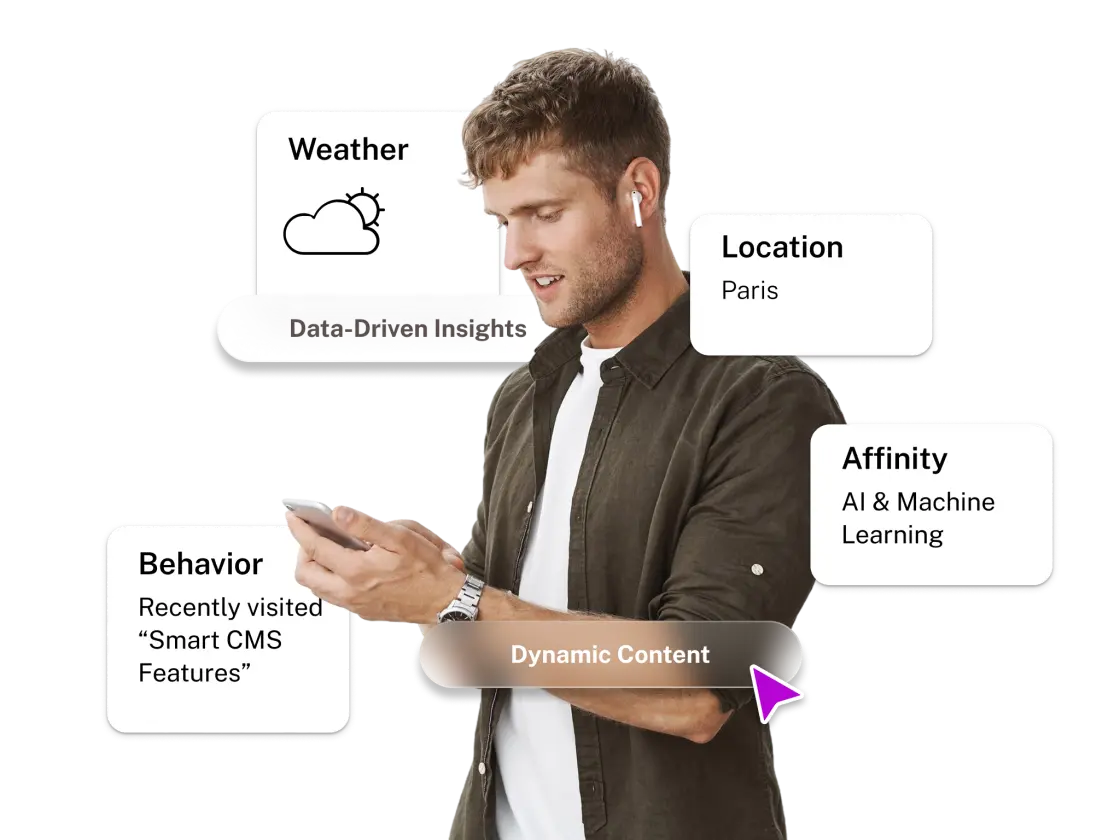 A man in a brown shirt uses a smartphone, with data insights displayed about weather, location (Paris), and user behavior.