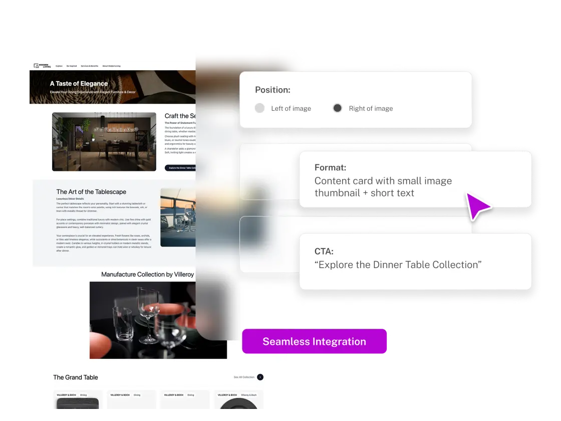 A web design layout featuring a dining collection, with sections for tablescapes, product images, and a call-to-action button.