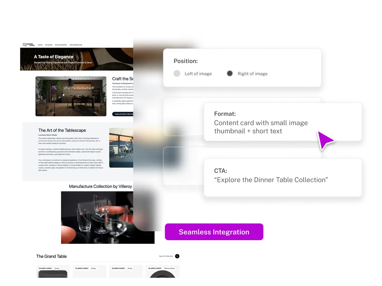 A web design layout featuring a dining collection, with sections for tablescapes, product images, and a call-to-action button.
