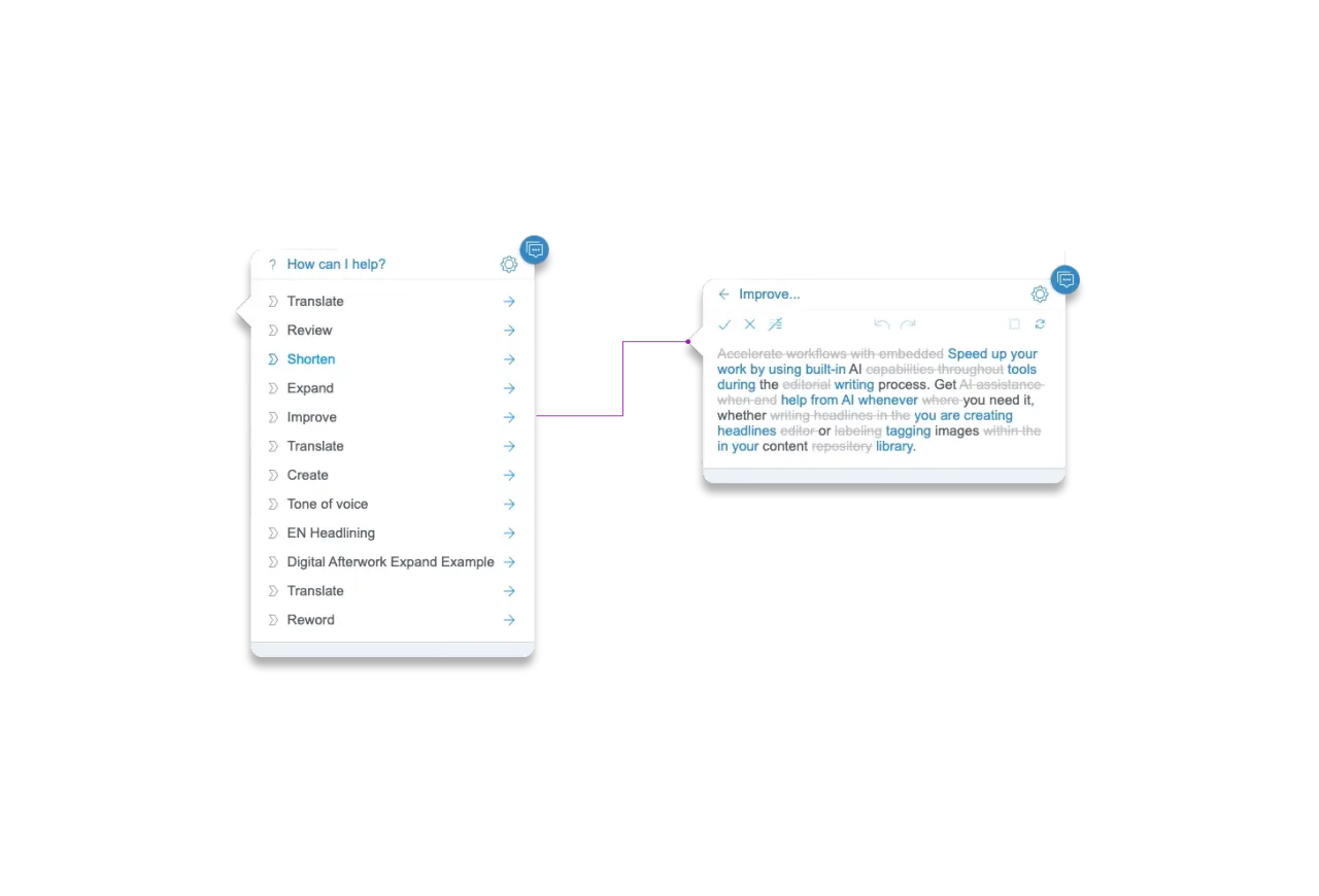 A user interface displaying options for text editing tasks like translating, shortening, and improving content, with a focus on AI assistance.