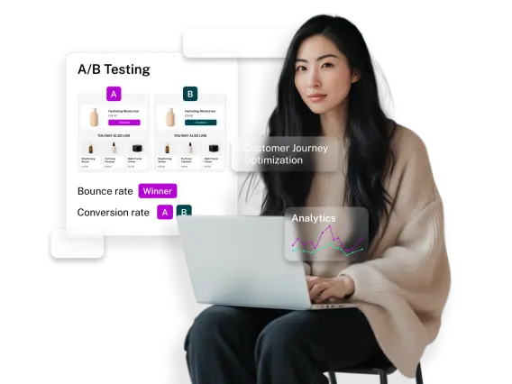 A woman with long dark hair sits at a laptop, analyzing A/B testing results and customer journey insights on a screen.
