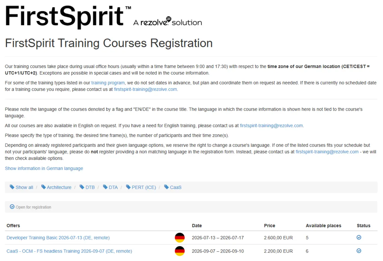 A webpage listing FirstSpirit training sessions with details on dates, prices, and availability for registration in German and English.